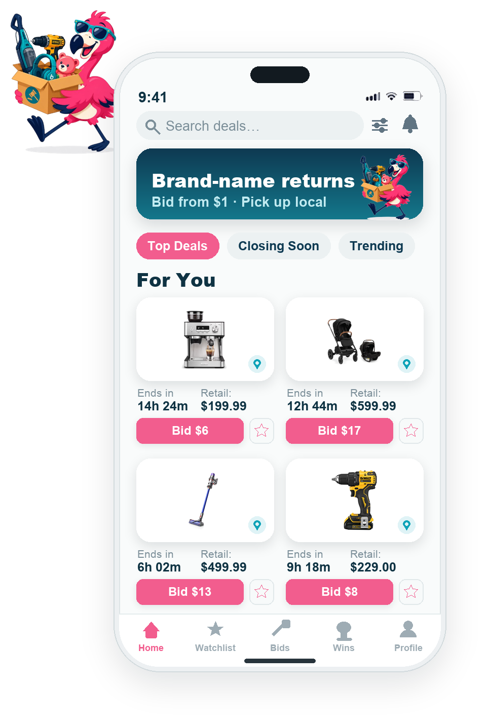MingoBid app preview — brand-name lots closing, bid from $1, local pickup