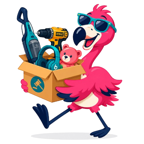Mingo the flamingo hauling a box of brand-name deals